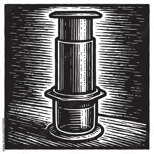 Bold AeroPress, in Linocut Woodblock Black and White Artistic Style