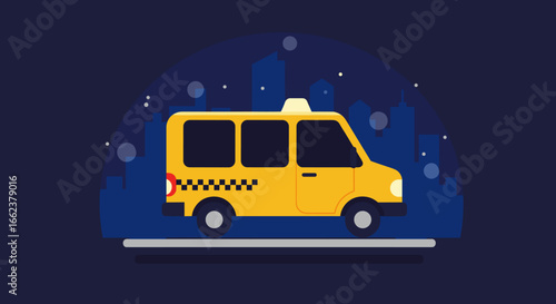 Yellow taxi cab in urban city digital illustration night scene creative viewpoint transportation concept. Vector illustration