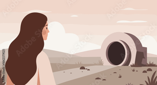 Woman stands before mysterious portal dreamlike landscape digital art serene environment fantasy concept. Vector illustration