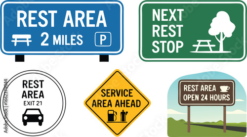 Depiction of Four Various Service and Rest Area Road Signs with Diverse Designs and Colors