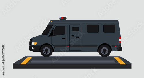 Police van emergency response urban setting digital illustration side view public safety concept. Vector illustration