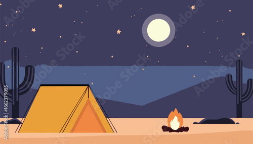 Desert night sky with camping tent