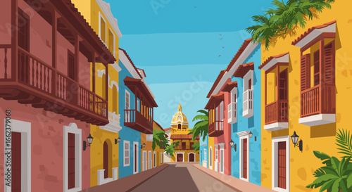 Vibrant street scene cartagena digital art colorful architecture daylight urban exploration. Vector illustration