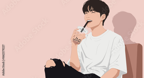 Sipping bubble tea cozy indoor lifestyle illustration relaxed atmosphere warm lighting enjoying moments of serenity. Vector illustration