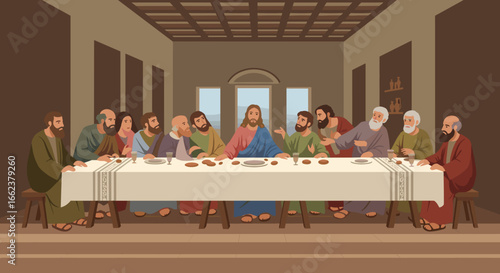 The last supper depiction religious art, spiritual concept. Vector illustration