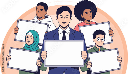 Diverse Group Holding Blank White Boards Illustration Space for Message or Advertisement Inserted