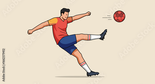 Dynamic soccer player kicking a ball sports field digital art outdoor side view motion and energy. Vector illustration