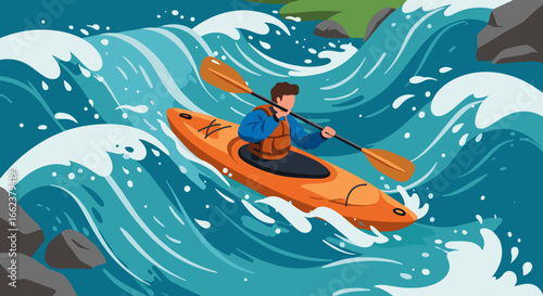 Kayaking adventure in rapid waters river environment digital illustration nature viewpoint. Vector illustration