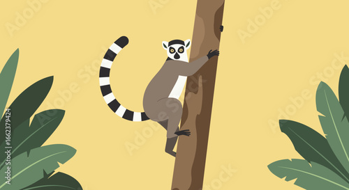 Lemur climbing a tree in a tropical forest animal illustration nature concept vibrant background. Vector illustration