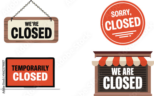 Four Closed Signs Hanging Wooden Sign, Red Circle, Laptop Screen, Storefront with Awning