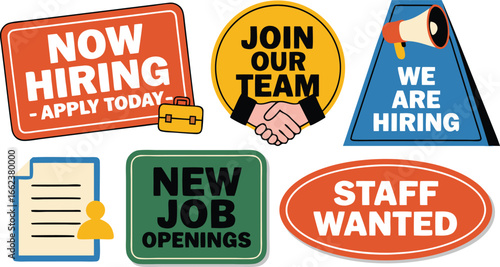 Hiring Signs with Now Hiring, Staff Wanted, Join Our Team, and New Job Openings Graphics