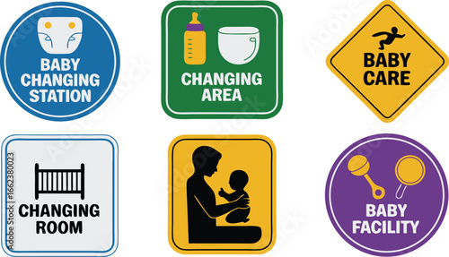 Illustrated Baby Care Signs Changing Station, Room, Area, Facility, and Safety Warning Icon