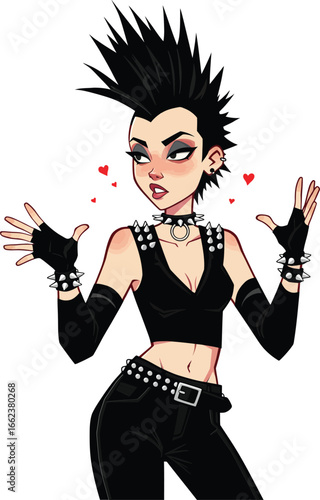 Punk girl with black spiked hair wearing black clothing and accessories expressing attitude and style vector illustration