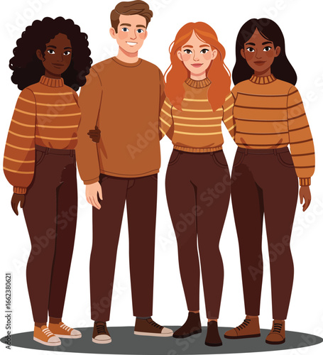 Diverse group of young adults wearing matching brown striped sweaters standing together in casual fashion vector illustration