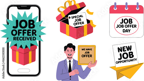 Job Offer Icons Phone, Present, Calendar, Man, Sign, and Paper Airplane Illustration