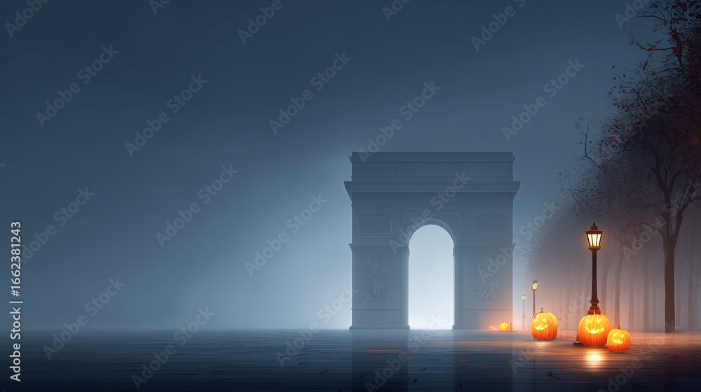 Naklejka premium Halloween background of pumpkin lanterns and open space in Paris