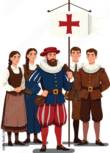 Group of historical people in traditional costumes holding flag with red cross vector illustration