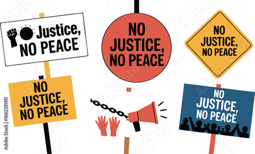 Protests Signs and Symbols Featuring the Slogan No Justice, No Peace Illustration for Activism