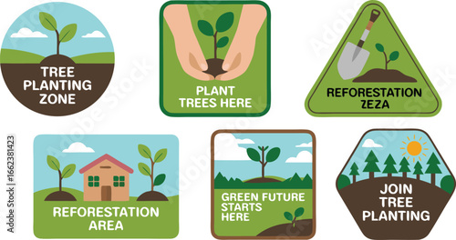 Reforestation and Tree Planting Cartoon Signs Green Future, Planting Zone, and Volunteer Opportunities