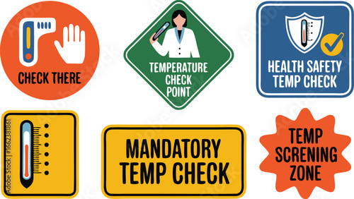 Temperature Check Point Signs Collection Health Safety, Mandatory Checks, and Screening Zones
