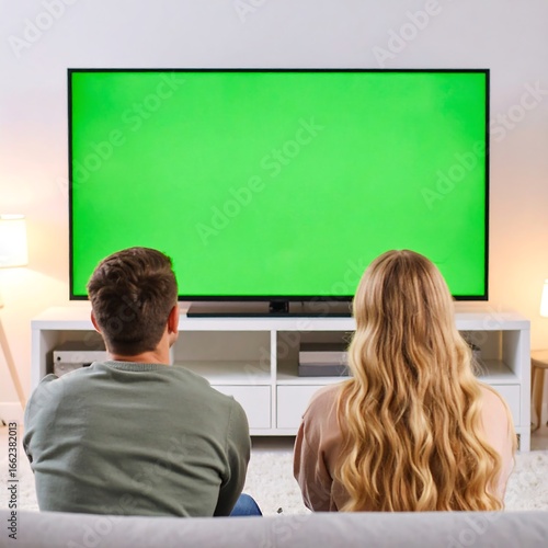 Couple watching a green screen TV (1)