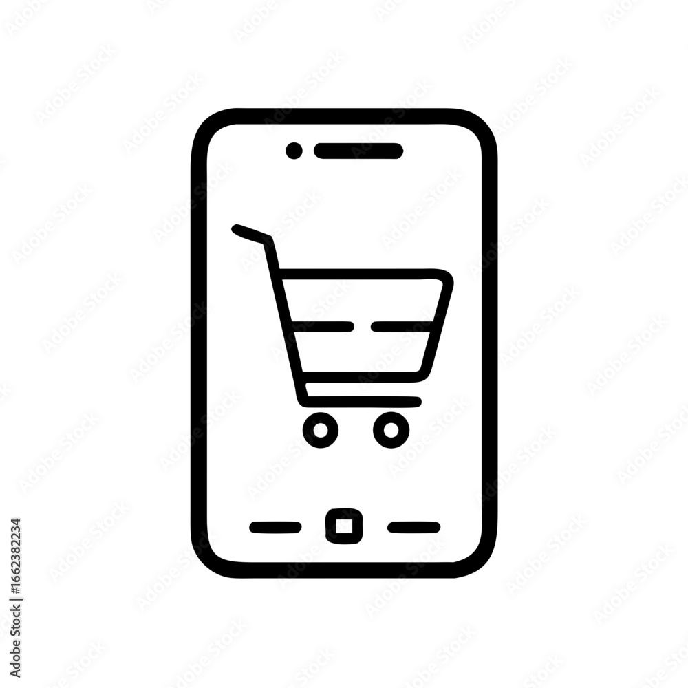 Shopping cart icon on a smartphone screen. This image represents online shopping and e-commerce. Shopping cart icon on a smartphone screen. This image represents online shopping and e-commerce.