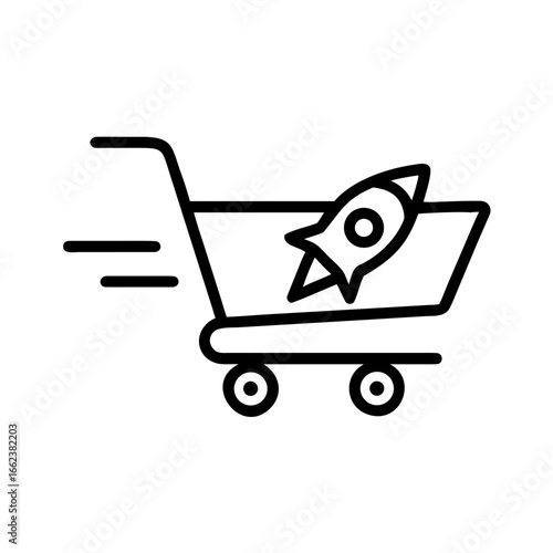 E-commerce rocket cart symbol. The image shows a shopping cart with a rocket symbol inside, illustrating fast online shopping and service