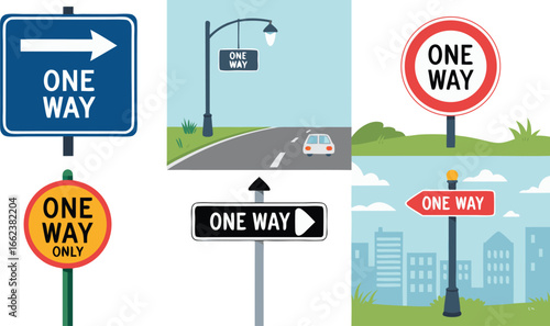 Various One Way Traffic Signs Illustration Blue, Red, Yellow, Black, Arrow, Car, and Cityscape Designs