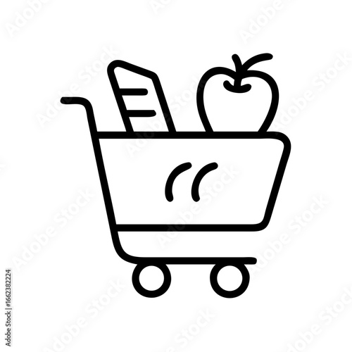 A minimalist illustration of a shopping cart filled with groceries. The cart contains an apple and a loaf of bread, symbolizing fresh produce