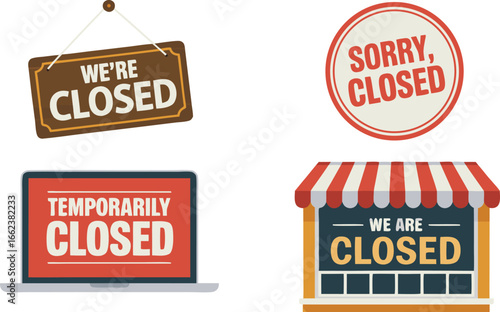 Various Signs Showing Business Closed Status Hanging Sign, Circle Sign, Laptop Screen, Storefront Icon