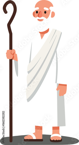 Elderly man with staff in white robe standing barefoot simple vector illustration