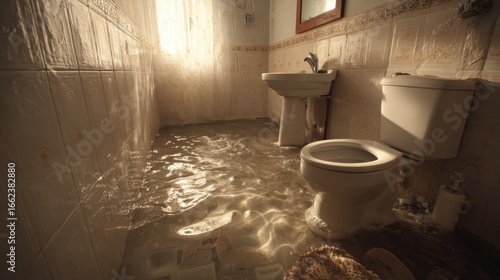 Beautiful photo of bathroom Plumbing Emergency: Overflowing Toilet and Sink - A flooded bathroom with overflowing toilet and sink, showing water damage on the floor. Needs urgent.