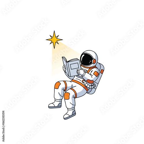A cartoon astronaut in a spacesuit floats in zero gravity, reading a book illuminated by the light of a single bright star.
