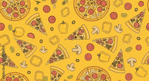 Playful Pizza Pattern on Yellow Background, Ideal for Food Packaging, Restaurant Menus, or Themed Party Decorations, Suitable for Digital and Print Media Designs