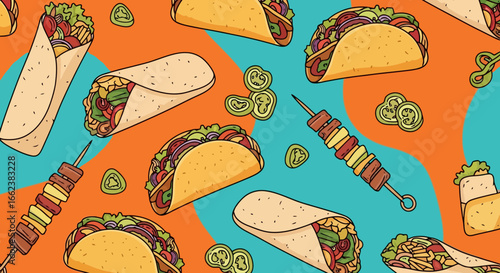 Vibrant Seamless Pattern Featuring Tacos, Burritos, and Skewers on a Colorful Background. Perfect for Menu Design, Food Packaging, and Restaurant Marketing