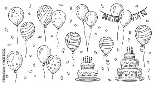 Celebration Outline Collection Featuring Balloons, Cake, and Confetti for Invitation Designs and Party Themed Coloring Pages, Suitable for DIY Crafts and Decoration