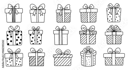 Collection of Hand-Drawn Gift Box Illustrations with Various Patterns and Ribbons for Festive Designs and Holiday-Themed Projects
