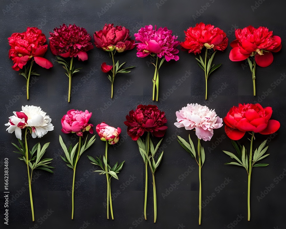 Fototapeta premium Elegant Red Pink White Peonies Flowers Flatlay Photography