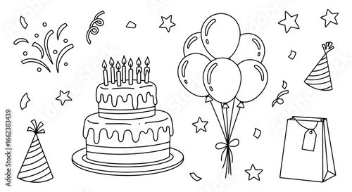 Whimsical Birthday Celebration Coloring Page Featuring Cake, Balloons, and Party Favors for Creative Fun and Relaxation in Art Therapy and Children's Activities.