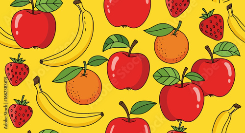 Vibrant fruit pattern featuring apples, bananas, oranges, and strawberries against a yellow background, great for food packaging, textiles, or educational materials