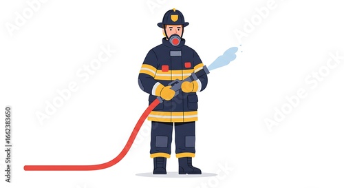 Professional firefighter in full protective gear with a breathing mask holding a high-pressure water hose. Vector illustration of an emergency first responder
