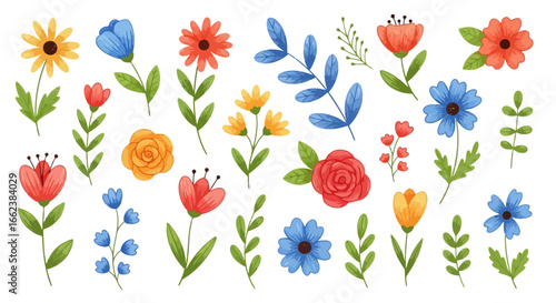 Watercolor Flower Collection with Delicate Petals and Leaves, Perfect for Springtime Designs and Botanical-Themed Creative Projects, Ideal for Digital and Print Media