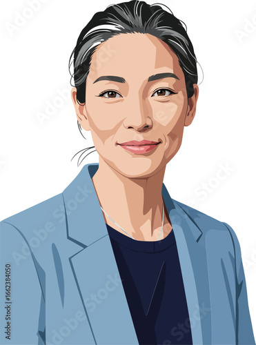 Professional Asian woman with short black hair wearing blue blazer and dark shirt portrait vector illustration