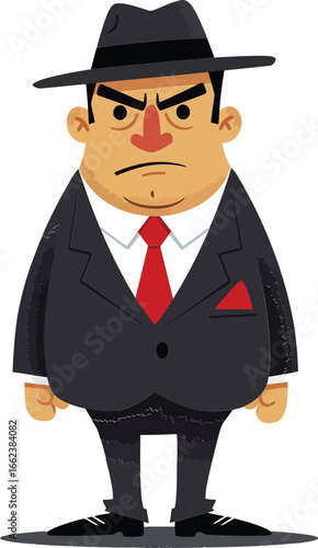 Cartoon gangster man wearing black suit red tie and hat serious expression vector illustration