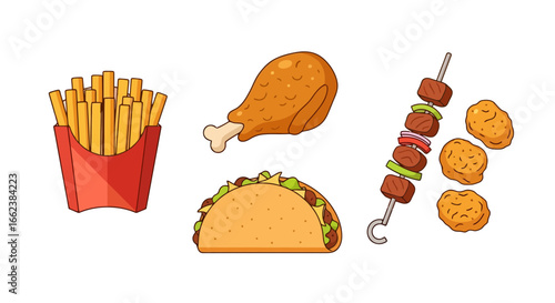 Vibrant and Appetizing Fast Food Illustration Set for Menu Design, Promotional Materials, and Engaging Culinary Content Creation