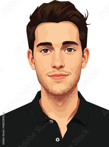 Young man portrait with casual black shirt and confident expression in vector style illustration