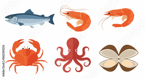 Seafood Illustration Set Featuring Salmon, Shrimp, Crab, Octopus, and Clams. Ideal for culinary arts, seafood restaurants, or educational resources.
