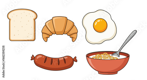 Whimsical Breakfast Delights Illustration Featuring Toast, Croissant, Egg, Sausage, and Cereal, Perfect for Children's Menus and Educational Food Resources