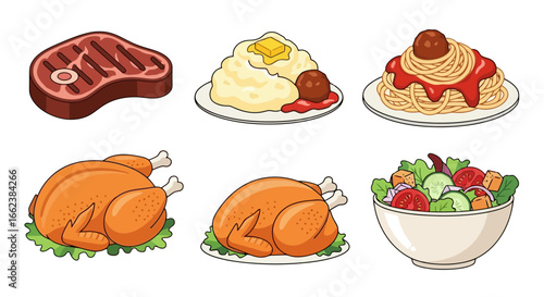 Cartoon Illustration of Classic American Dinner Dishes for Menu Design, Recipe Books, and Culinary Education Materials.