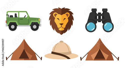 Safari Adventure Graphic Set Featuring Wildlife Exploration Icons, Camping Gear, and Expedition Equipment. Suitable for travel agencies, educational materials, or adventure-themed designs.